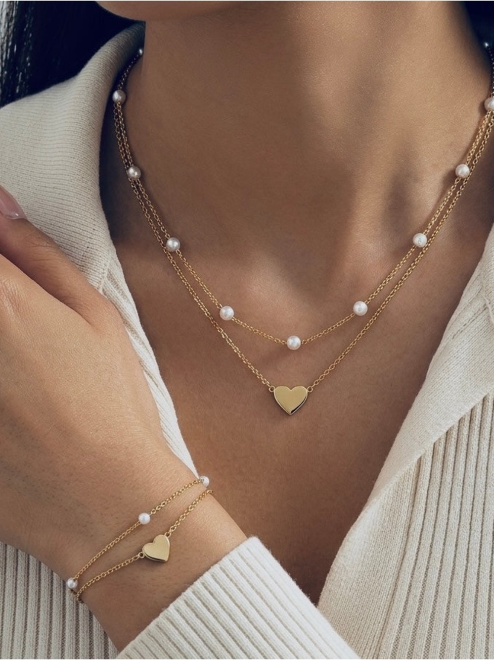 Gold Heart & Pearl Layered Necklace Set - Women's Jewelry